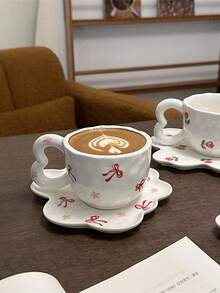 1 bộ, Cốc cà phê và đĩa lót bằng gốm hoa cổ điển, Cốc cà phê và đĩa nơ thủ công bất đối xứng, Cốc trà chiều, Cốc nước văn phòng, Cốc đựng sữa ăn sáng gia dụng chất lượng cao, Quà tặng cho bé gái - Nhiều màu - Xem 4