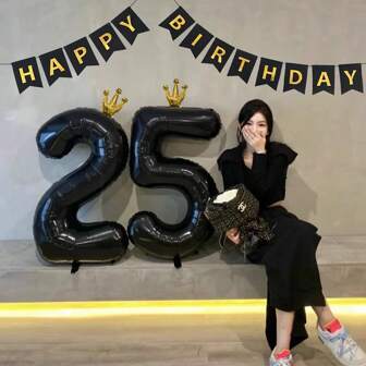 2 件黑色数字“生日快乐”字母旗帜和皇冠铝箔气球套装，生日派对装饰