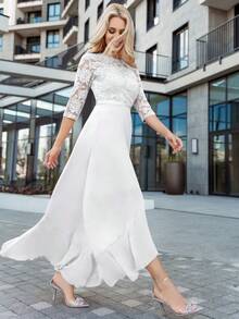 MIUSOL 花卉蕾丝束身胸衣配荷叶边，雪纺正式派对礼服，婚礼宾客礼服，晚礼服