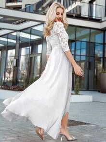 MIUSOL 花卉蕾丝束身胸衣配荷叶边，雪纺正式派对礼服，婚礼宾客礼服，晚礼服