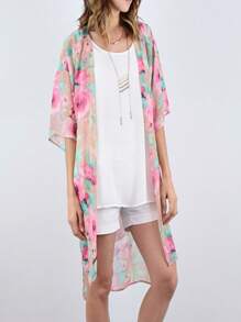 Boho Retro Coral Pink Orange Floral Chiffon Light Weight Slouch Kimono Cardigan Cover Up - Coral Pink - View 2