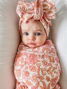 1pc Baby Elastic Printed Swaddle Blanket & 1pc Headband Set Love Valentine - Multicolor - View 2