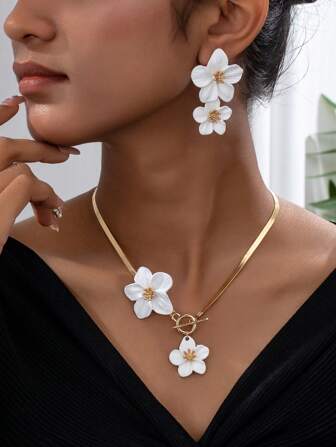 3 pièces/Set Collier pendentif et boucles d'oreilles assortis avec design de fleurs de marguerite et motif géométrique, élégant et polyvalent, idée cadeau pour femmes