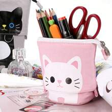 1 件伸缩笔袋立式笔筒可爱铅笔袋立式笔袋卡通铅笔/钢笔收纳盒帆布+PU文具收纳化妆包带拉链封口学校用品，返校（粉色、蓝色、灰色、卡其色），铅笔盒，铅笔袋，书包