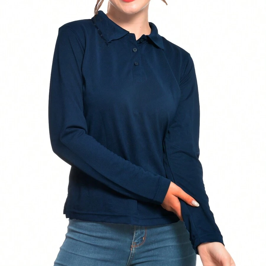 Playera Tipo Polo Mujer Manga Larga - Azul Marino - Ver 1
