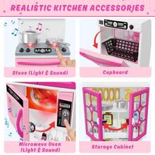 5 In 1 Play Kitchen, Mini Kitchen Playset With Realistic Lights & Sounds, 57 PCS Toddler Kitchen Toy Accessories Incl Mini Food Toys, Doll House Pretend Play Toys For Kids Girls Age 3-5 - Hồng - Xem 3