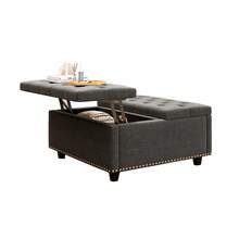 PU Leather Oversized Storage Ottoman,Large Square Ottoman Bench With Storage,Tufted Sofa Ottomans Storage Footstool,Mid Century Modern Coffee Table For Living Room Nailhead Trim - 深灰色+亞麻 - 查看 6