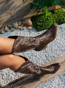 Women's 2024 Spring/Fall New Plus Size V-Cut Pointed Toe Thick Heel Embroidery Western Cowgirl Slip-On Mid-Calf Boots ,Perfect With Sweater, Suitable For Women Outdoor Shoes With Denim Skirt