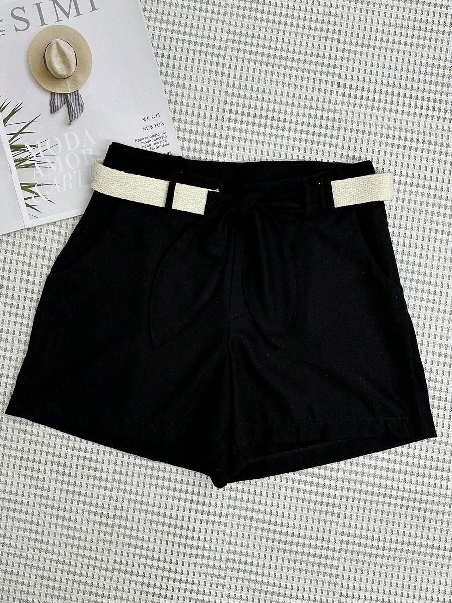 Linen Shorts With Belt - màu đen - Xem 1