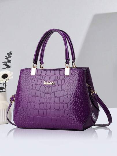 PLANEE Luxury Crocodile Pattern Handbag, Fashionable PU Leather Shoulder Bag For Women, Elegant Large-Capacity Shopping Bag, Multifunctional Top Handle Wallet, Luxury Handbag And Shoulder Bag For Women, Zipper Closure, Glossy PU Material, Polyester Lining, Diagonal Shoulder Bag, Suitable For Women - Shopping, Holidays, Daily Business, Best Mother's Day Gifts Ever , Purple