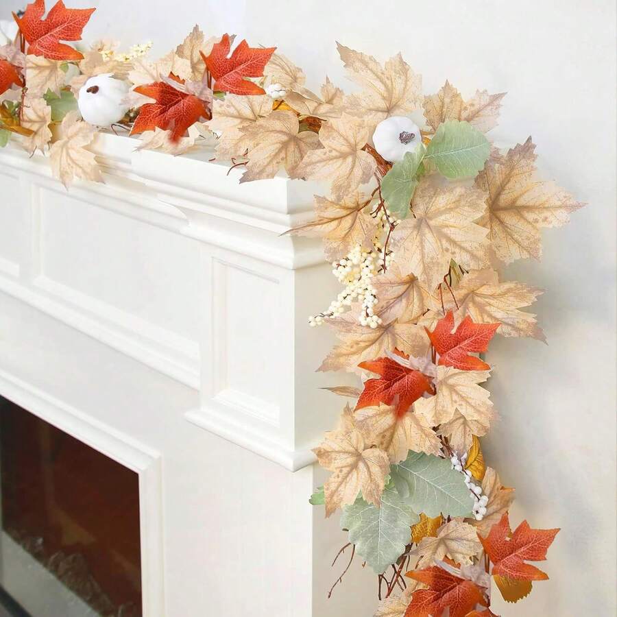 1pc 69-Inch Artificial Maple Leaf Wreath, Autumn Floral Garland For Fireplace Door Wall Hanging Decor, Home Wedding Party Halloween Thanksgiving Christmas Decoration - Multicolor - View 1
