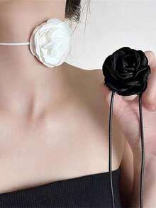 2 件女式白色和黑色玫瑰图案面料颈链，适合日常佩戴 - 彩色 - 查看 2