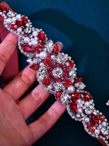 1pc Women's Burgundy Red Rhinestone Decor Belt, Elegant Waistband For Dress, Fashion Waist Accessories For Party & Wedding - Red - View 6
