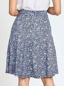 Boho Retro Knee Length Skirt Ditsy Floral - Blue - View 6