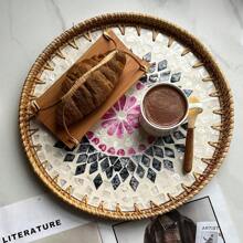 圆形藤条托盘 藤条餐具托盘 带木质底座 装饰性多色篮子 用于餐桌装饰、储存和摆放咖啡、面包、食物、水果 圣诞礼物 - 彩色 - 查看 9