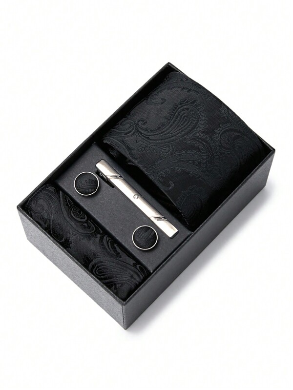 AlanKing A Set Of Necktie Pocket Square Cufflinks In Gift Box For Men, Black Paisley Necktie 7.5cm, Suitable For Festival ,Wedding And Work