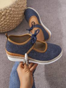 Dép xỏ ngón thoải mái cho nữ có gót đế xuồng, đế rơm dệt, dép thể thao công sở nhẹ nhàng cho nữ - Màu xanh lam - Xem 4