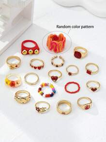 1 set de 18 piezas Juego de joyas de anillos ajustables con flores secas, corazones, arañas y cuentas - Estilo excéntrico y encantador - Multiusos, adecuado para Halloween, San Valentín, Día de la Madre - Colores y patrones aleatorios