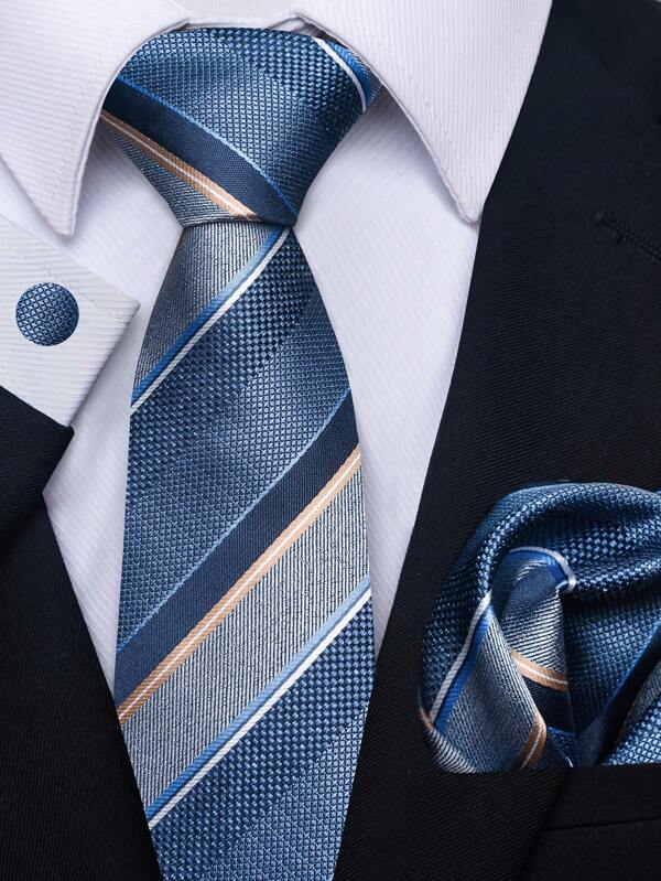 AlanKing 1 set Corbata a rayas, pañuelo de bolsillo, gemelos para traje para hombres, negocios/oficina, adecuado para fiesta, boda, regalo