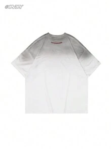 Camiseta de manga corta casual holgada con cuello redondo, estampado de eslogan y pintura en aerosol hecha a mano para hombre en verano