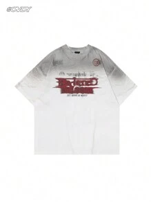 Camiseta de manga corta casual holgada con cuello redondo, estampado de eslogan y pintura en aerosol hecha a mano para hombre en verano