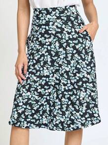 Boho Retro Knee Length Skirt Ditsy Floral - Blue and White - View 6