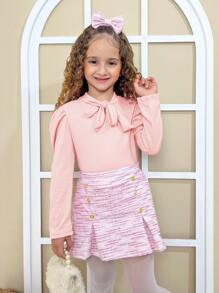 Conjunto Infantil Inverno Menina Social blusa Manga Longa gola laço saia em tweed Festa - Rosê - Visão 2