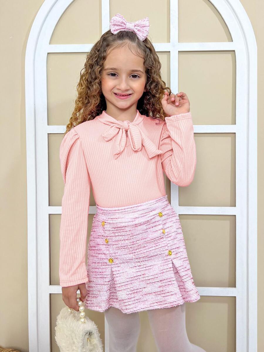 Conjunto Infantil Inverno Menina Social blusa Manga Longa gola laço saia em tweed Festa