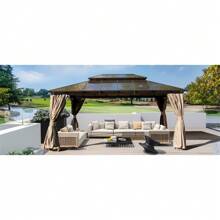 12x16ft Hardtop Gazebo, Permanent Outdoor Gazebo With Polycarbonate Double Roof, Aluminum Gazebo Pavilion With Curtain And Net For Garden, Patio, Lawns, Deck, Backyard(Brown) - Brown - View 1