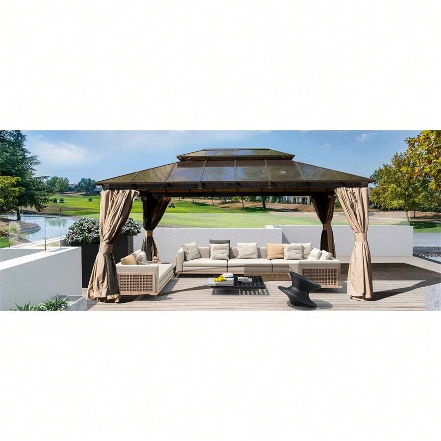 12x16ft Hardtop Gazebo, Permanent Outdoor Gazebo With Polycarbonate Double Roof, Aluminum Gazebo Pavilion With Curtain And Net For Garden, Patio, Lawns, Deck, Backyard(Brown) - Brown - View 1