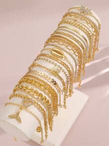 22 件时尚简约心形、水钻、蝴蝶、鱼尾、贝壳和金属多元素脚链套装，适合海滩派对、日常搭配、情人节礼物的多层佩戴 - set1-6176801HB - 查看 17