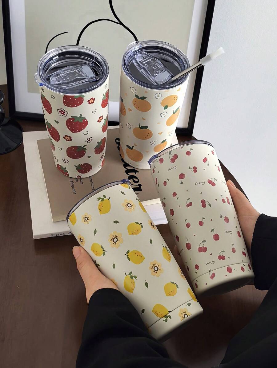 1 件 20 盎司/600 毫升水果系列保温杯、双层真空杯、带盖旅行杯、露营咖啡杯、保温瓶（不含吸管）水瓶返校 - 彩色 - 查看 1