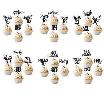 24 peças de toppers para cupcakes de aniversário de 16, 18, 21, 30, 40 e 50 anos, para decoração de bolos de aniversário, preto, Natal