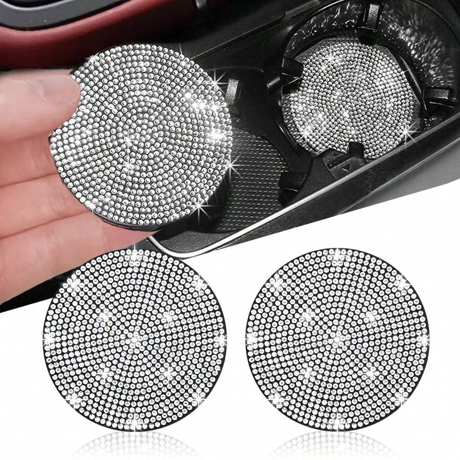 2 Packs Bling Car Cup Holder Coaster, 2.75 Inch Anti-Slip Shockproof Universal Fashion Car Coasters Insert Bling Car Accessories For Women