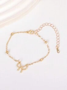 1条女士金色蝴蝶结链手链，时尚百搭日常配饰，礼品（由于切割原因，珠子数量可能有所不同） - 金色 - 查看 2