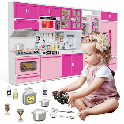 5 In 1 Play Kitchen, Mini Kitchen Playset With Realistic Lights & Sounds, 57 PCS Toddler Kitchen Toy Accessories Incl Mini Food Toys, Doll House Pretend Play Toys For Kids Girls Age 3-5