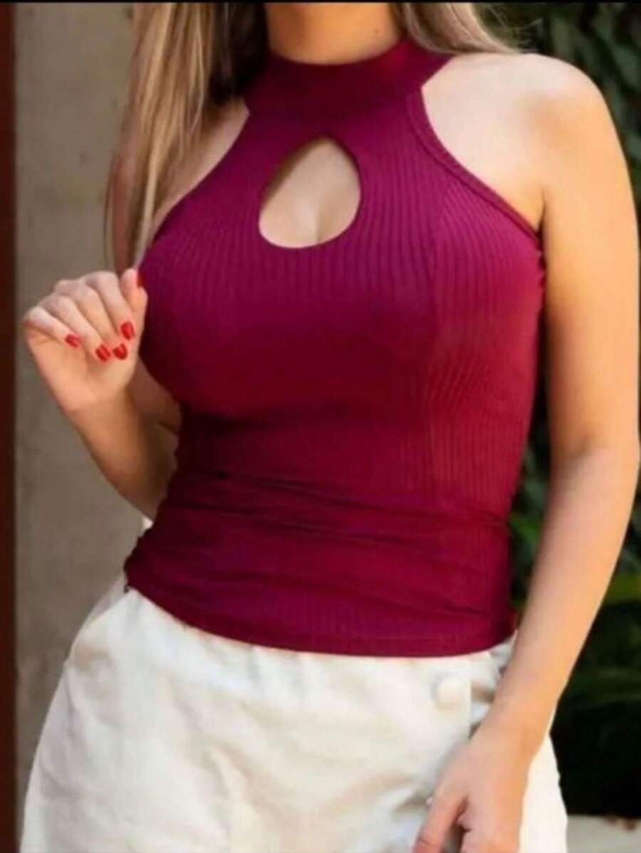 GOTIINHA Women's Blouse Ribbed Tank Top High Collar Drop Neckline With Bulge Fashion Blogger - Màu Đỏ Sâu - Xem 1