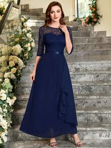 MIUSOL Vestido formal de fiesta elegante con escote de encaje floral, con volantes en el Body, de gasa, para graduación, cena o boda - Azul Marino - Ver 6