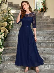 MIUSOL Vestido formal de fiesta elegante con escote de encaje floral, con volantes en el Body, de gasa, para graduación, cena o boda - Azul Marino - Ver 5