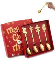 Zestaw świątecznych łyżeczek i widelców do kawy (4/6 szt.), łyżeczki do kawy, łyżki i widelce ze stali nierdzewnej, prezenty świąteczne dla dzieci w pudełku prezentowym do mieszania kawy, herbaty, zupy, cukru, deseru, przypraw, lodów (zestaw prezentowy)