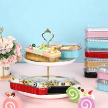 10/50 件迷你面包烤盘，带盖和勺子（6.8 盎司/200 毫升）迷你蛋糕盘，一次性矩形铝箔烤盘罐头容器 - 纸杯蛋糕容器包装纸芝士蛋糕焦糖布丁小模子