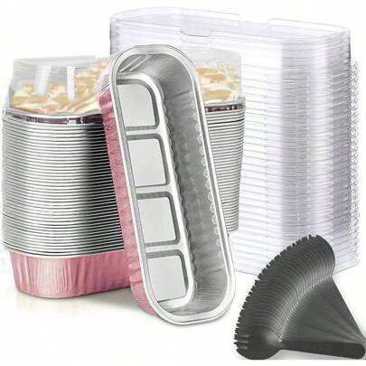 10/50 件迷你面包烤盘，带盖和勺子（6.8 盎司/200 毫升）迷你蛋糕盘，一次性矩形铝箔烤盘罐头容器 - 纸杯蛋糕容器包装纸芝士蛋糕焦糖布丁小模子