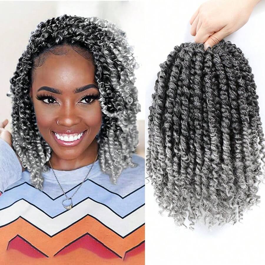 Karida 8/10/12 Inch Grey Passion Twist Crochet Wig, Passion Twist Pre-Looped Short Crochet Wig Suitable For Women And Children For Daily Wear, Festivals And Cosplay - Gray Ombre - View 1