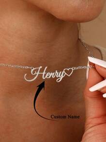 1pc Personalized Name Necklace, Silver-Tone Stainless Steel Hollow Heart Pendant Necklace, Simple Custom Jewelry For Women And Men, Couple Gift, Vacation Accessory - Silver - View 3