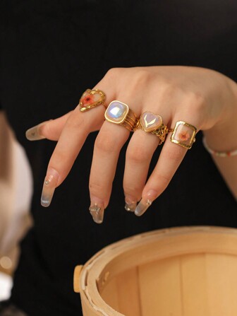 4 件套复古不锈钢方形花朵、珍珠母贝、心形宝石可开口戒指套装，女士时尚配饰，适合日常佩戴、万圣节、情人节、感恩节、节日礼物、朋友聚会、旅行