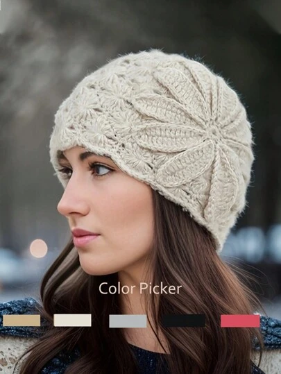 1 st Handgjord Virkad Stor Blommig ihålig Retro Elegant Stickad Hatt Vinter Höst