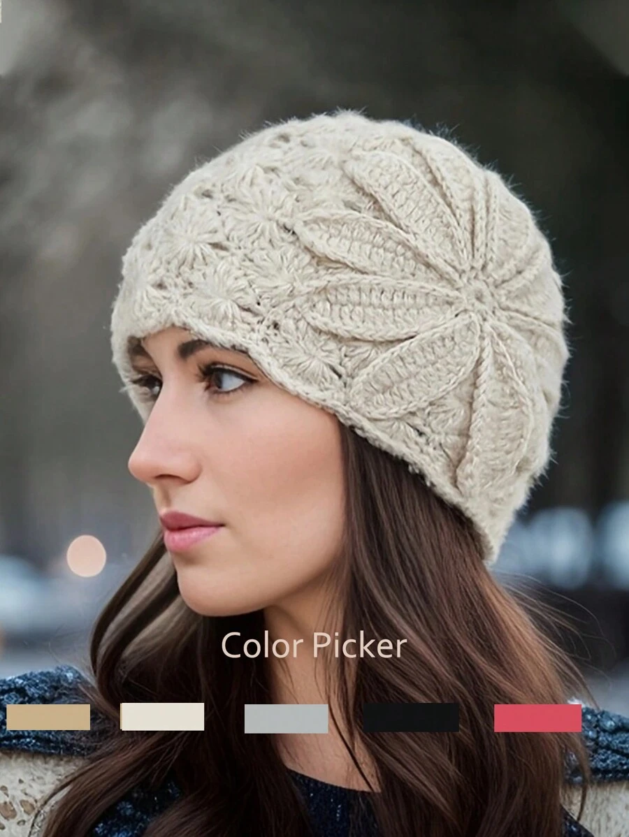 1pc Handmade Crochet Big Floral Hollow-Out Retro Elegant Knit Hat Winter Fall
