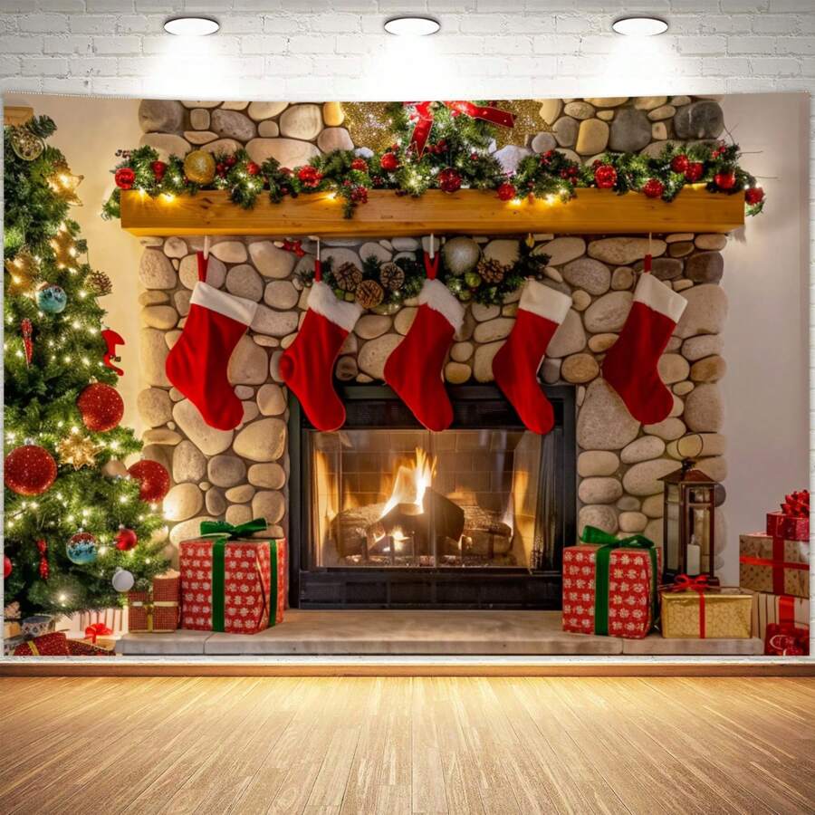1 件圣诞壁炉挂布，210 * 150cm/150 * 100cm/100 * 75cm 圣诞背景横幅，圣诞派对装饰背景布，适用于圣诞装饰和摄影背景，圣诞节 - 彩色 - 查看 1