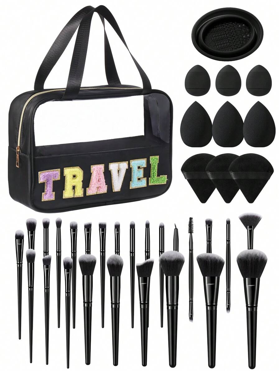36pcs Makeup Brush Set, Including: 1 Multi-Functional Waterproof Zipper Makeup Bag + 25pcs Makeup Brushes + 3pcs Makeup Sponges + 3pcs Triangle Powder Puffs + 3pcs Mini Air Cushion Puffs + 1pc Makeup Brush Cleaning Tool - Black - View 1