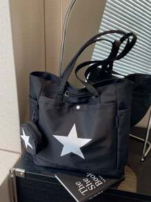 Bolso casual de gran capacidad para mujer con diseño de estrella de cinco puntas, monedero incluido, adecuado para uso diario, universidad, ir al trabajo, con bolsillo pequeño para cartera, conveniente para compras y vacaciones, bolso de hombro, bolso de moda con estrellas huecas - Negro - Ver 5